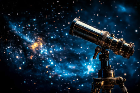 Glistening stars illuminate the night as a telescope points toward the vast universe, inviting exploration and wonder.の素材