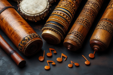 The arrangement of musical notes emerges from an array of beautifully designed instruments, celebrating creativity.の素材