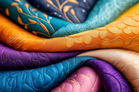 A beautiful patchwork quilt with vibrant fabrics, blending colors and textures in a creative design.の素材