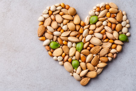 A creative display showcases a heart made of assorted seeds, illustrating nature's beauty and diversity.の素材