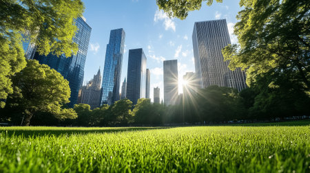 A tranquil park features vibrant green grass and towering skyscrapers, with sunlight filtering through the leaves.の素材