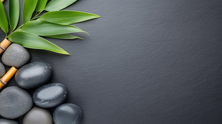 Basalt stones are carefully placed alongside bamboo leaves on a dark stone background, creating a serene environment.の素材