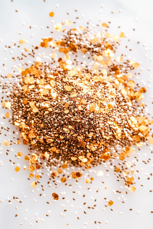 A blend of textured sesame seeds and shimmering golden flakes lies scattered on a light background, creating an artful display that emphasizes their natural beauty and contrast.の素材