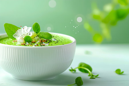 A creamy green smoothie adorned with delicate herbs and a flower sits invitingly on a pale wooden table, radiating freshness and tranquility in a softly lit room.の素材