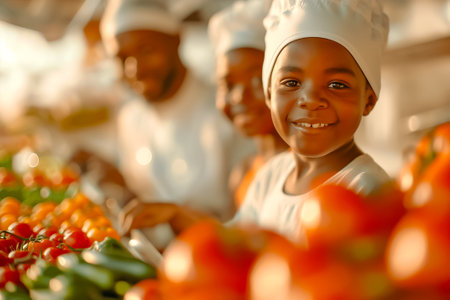 A cheerful child in a chefs hat smiles brightly while assisting with colorful vegetables in a bustling market kitchen filled with warm light.の素材