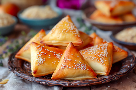 Golden-brown triangular pastries, sprinkled with sesame seeds, are artistically arranged on a rustic plate, tempting the audience to indulge in this delightful treat.の素材