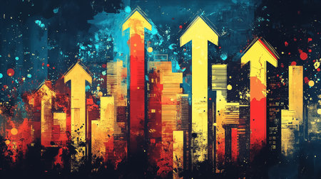 A colorful assembly of skyscrapers and upward arrows conveys the concept of urban growth and ambition.の素材
