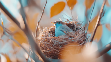 A vibrant blue bird sits peacefully in its nest, perched on a tree branch amidst the colorful autumn foliage.の素材