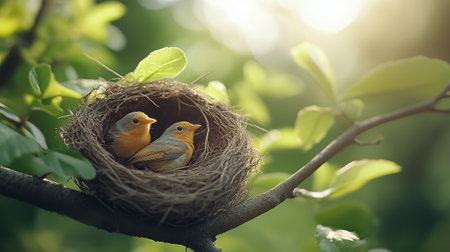 Two fluffy chicks nestled in their cozy nest, surrounded by lush green leaves and warmed by soft sunlight.の素材