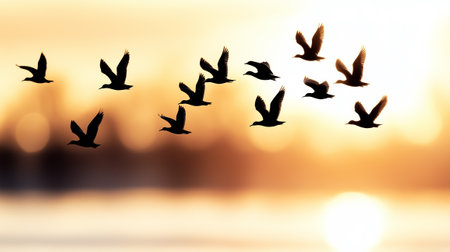 A flock of birds flies in V formation, silhouetted against a vibrant sunset, showing nature's harmony and beauty.の素材