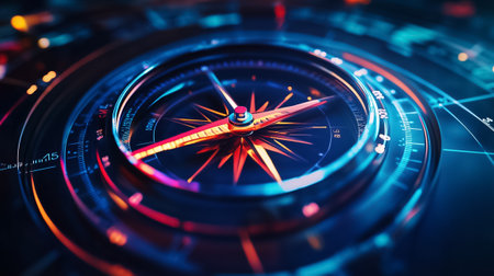 The compass needle points north amidst a beautiful array of glowing colors and intricate designs.の素材