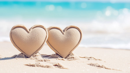 Hearts lovingly crafted in sand, resting on a serene beach under a sunny sky, embodied romance and peace.の素材