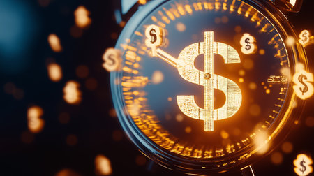 A clock face captivates attention with glowing dollar signs, emphasizing the connection between time and wealth.の素材