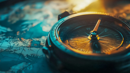 A compass precisely indicates north while resting on a beautifully detailed vintage map, inviting adventure.の素材