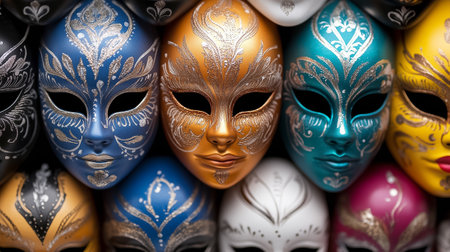 Traditional masks in vibrant colors capture artistic expressions during a lively cultural celebration.の素材