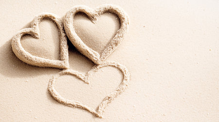 Delicate hearts are etched in warm sand, conveying love on a tranquil beach as the sun begins to rise.の素材