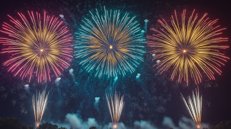 Vibrant bursts of colorful fireworks illuminate the night sky, enchanting onlookers during a festive celebration.の素材