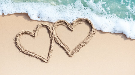 Hearts in warm sand, with ocean waves, capturing love and tranquility by the shore.の素材