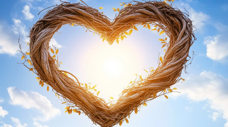 Intertwined branches create a heart shape, bathed in the sun's warm light, providing a romantic, tranquil atmosphere.の素材