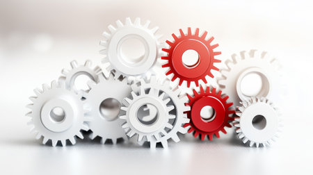 A collection of interlocking gears in contrasting colors, showing intricate design and mechanical synergy.の素材