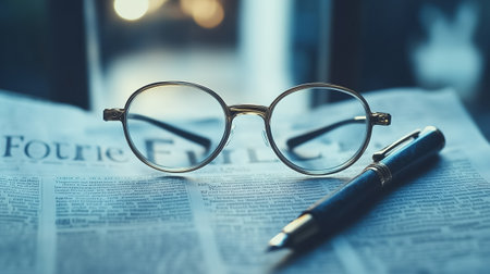 Glasses rest on a financial newspaper with a stylish pen, embodying informed investment elegance.の素材