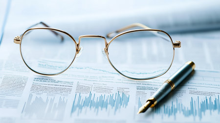 Stylish glasses and a polished pen rest on detailed financial analysis reports, showing important market data.の素材