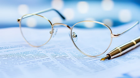 Glasses and a shiny pen rest on financial content, indicating careful research and focused reading.の素材