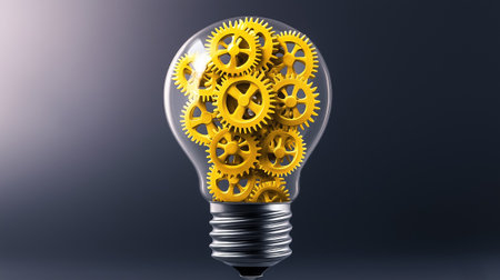 Bright yellow gears inside a clear light bulb symbolize innovation and ideas in a dark environment.の素材