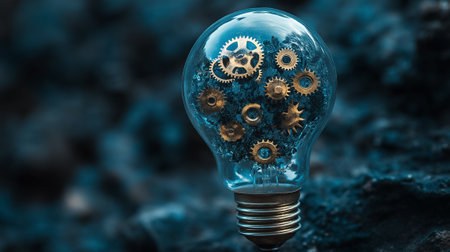 An artistic light bulb with intricate gears symbolizes the fusion of creativity and technology in a stunning way.の素材