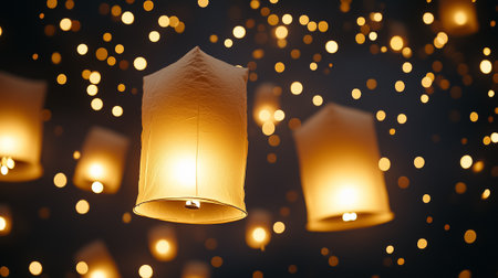 A mesmerizing display of glowing lanterns gently floats upwards as onlookers bask in the enchanting night sky.の素材