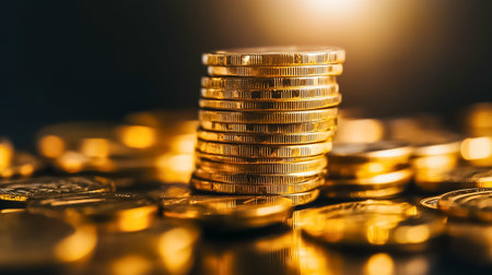 Glistening gold coins are artistically arranged in a tall stack, reflecting light and symbolizing wealth and abundance.の素材