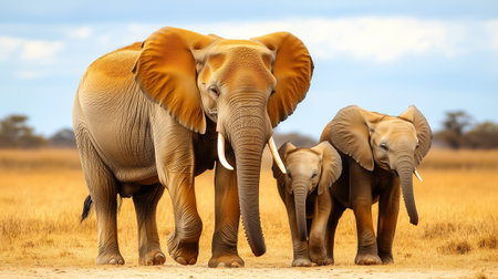 A family of elephants walks peacefully through the vast savannah, basking in the warm glow of evening light.の素材