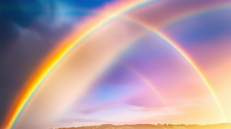 A stunning double rainbow arches over a serene landscape, lighting it up with vibrant colors after rain.の素材
