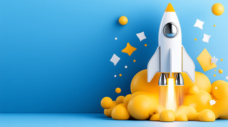 A sleek rocket soars against a blue sky, surrounded by abstract shapes and yellow bursts symbolizing growth.の素材