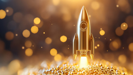 A golden rocket soars, symbolizing the thrill of business growth in a dazzling, magical setting.の素材