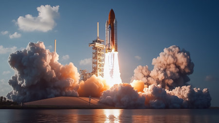 A powerful rocket ascends against a clear sky, representing innovation and ambitious growth in the business landscape.の素材