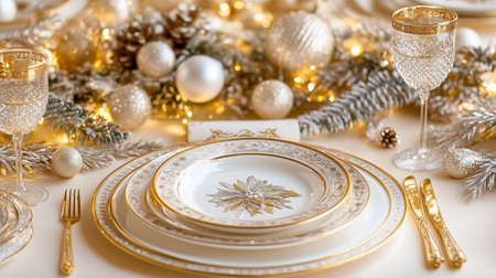 A festive table shines with gold accents, sparkling ornaments, and elegant tableware for joyful celebrations.の素材