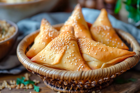 Golden-brown samosas filled with savory goodness are arranged in a rustic woven basket, inviting anyone to savor their delightful crunch and flavor.の素材