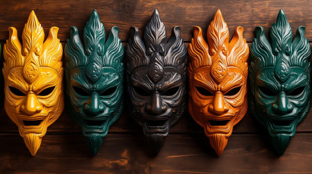 Vibrant traditional masks adorn a wooden wall, showing their intricate craftsmanship and cultural value.の素材