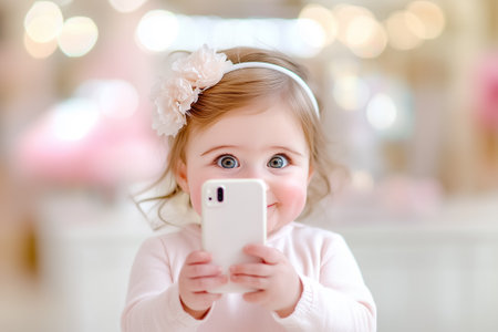 A cheerful toddler with big gray eyes and a lovely smile explores a smartphone, radiating innocence and curiosity.の素材