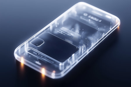 This advanced mobile device showcases a translucent design with cutting-edge apps illuminated in a dimly lit setting.の素材