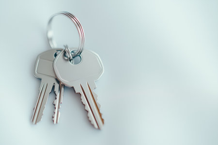 Two silver house keys glisten delicately in a minimalist setting, embodying practicality and elegance in everyday life.の素材