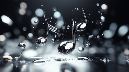 Musical notes soar through a cascade of shimmering droplets, evoking a sense of wonder and creativity in motion.の素材