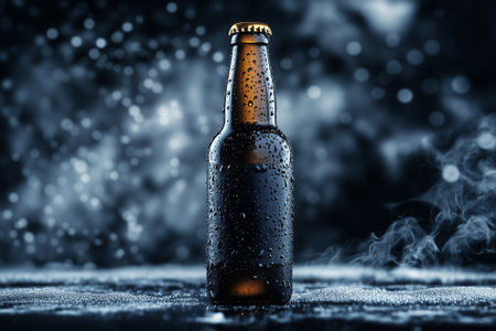 The craft beer bottle glistens with droplets, hinting at cool refreshment in a mysterious dark setting.の素材
