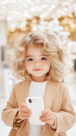 A charming toddler with curly locks smiles while holding a smartphone in a stylish, softly lit environment.の素材