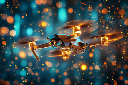 The drone glides smoothly, its fast-spinning propellers framed by a dazzling light display that sparks wonder.の素材