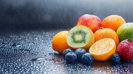 A vibrant mix of fresh fruits with water droplets on a dark surface in a calm setting.の素材