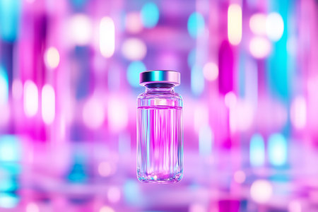 A sleek syringe and vibrant vaccine vial float in a surreal backdrop of colorful lights and reflections.の素材