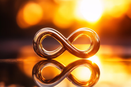 A radiant infinity symbol glistens in sunset light, casting reflections that evoke a sense of eternity and hope.の素材