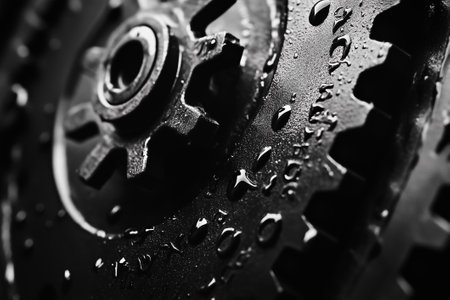 Glistening droplets accentuate the textured surface of the industrial gear, highlighting its design and functionality.の素材
